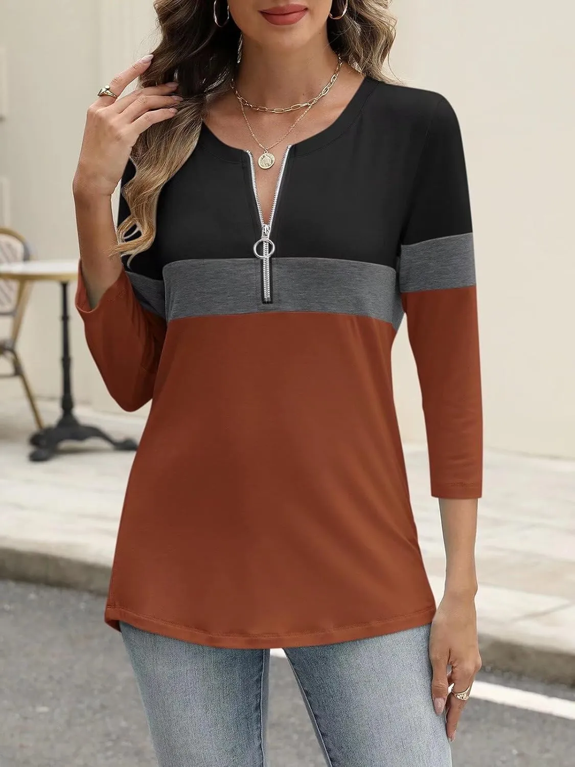 ORANDESIGNE Womens 3/4 Length Sleeve Tops Summer Color Block Zipper T Shirts Casual Ladies Tees