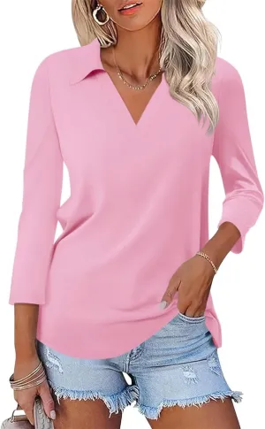 ORANDESIGNE Women's 3/4 Sleeves V Neck Polo Shirts Casual Summer Tops Basic Collar Cute Tees
