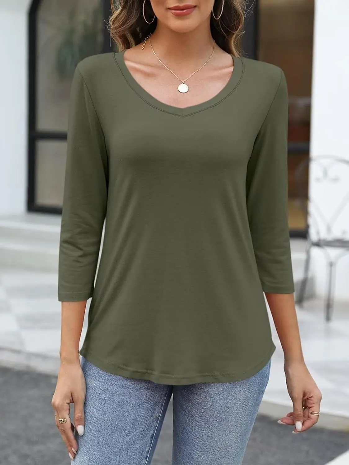 ORANDESIGNE Women's 3/4 Sleeves V Neck T Shirts Casual Summer Tops Basic Tees