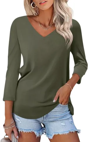 ORANDESIGNE Women's 3/4 Sleeves V Neck T Shirts Casual Summer Tops Basic Tees