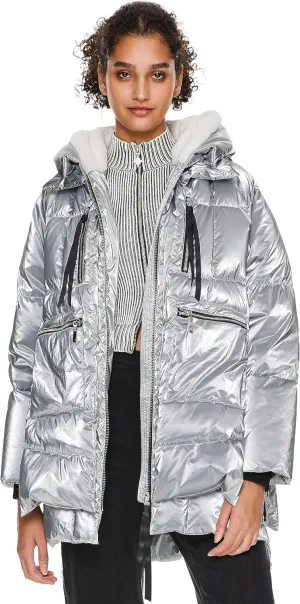 Orolay Women's Metallic Down Coat Mid-Length Puffer Jacket with Hood Long Sleeve Warm Outerwear