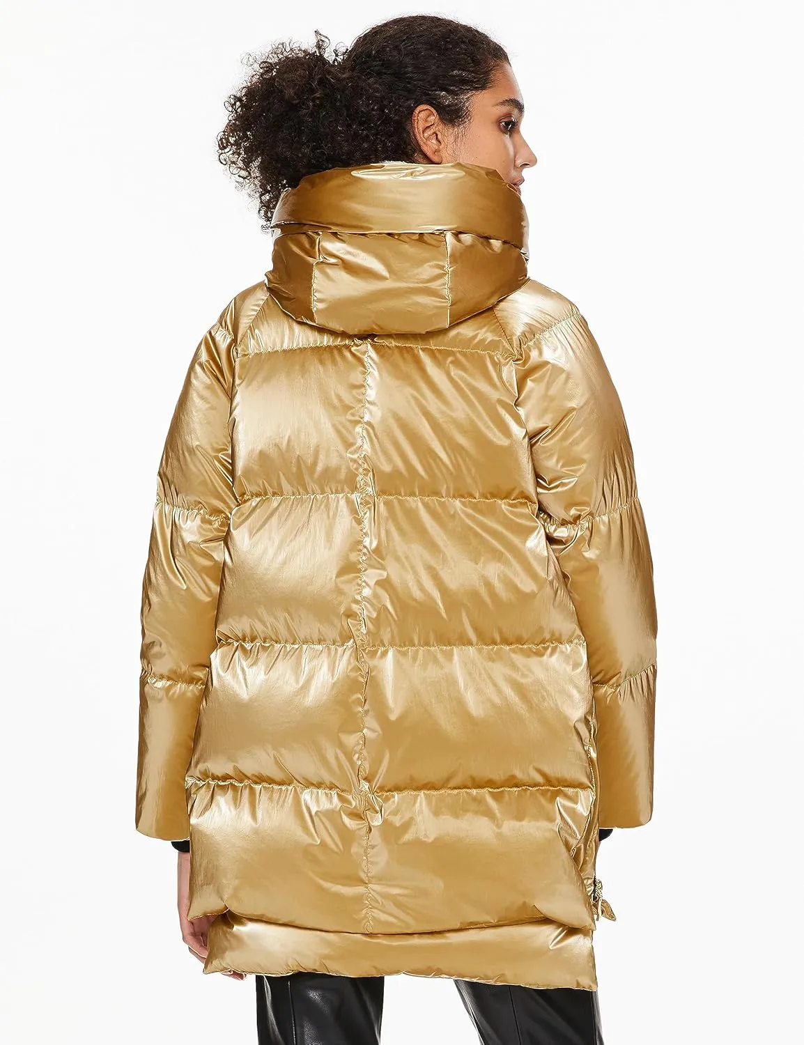 Orolay Women's Metallic Down Coat Mid-Length Puffer Jacket with Hood Long Sleeve Warm Outerwear