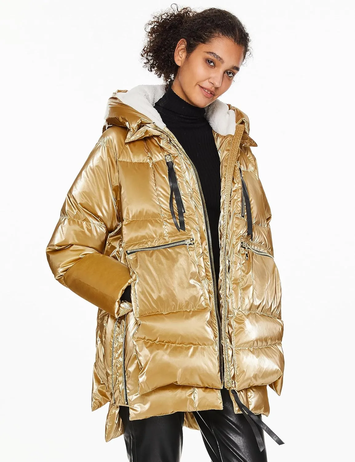 Orolay Women's Metallic Down Coat Mid-Length Puffer Jacket with Hood Long Sleeve Warm Outerwear