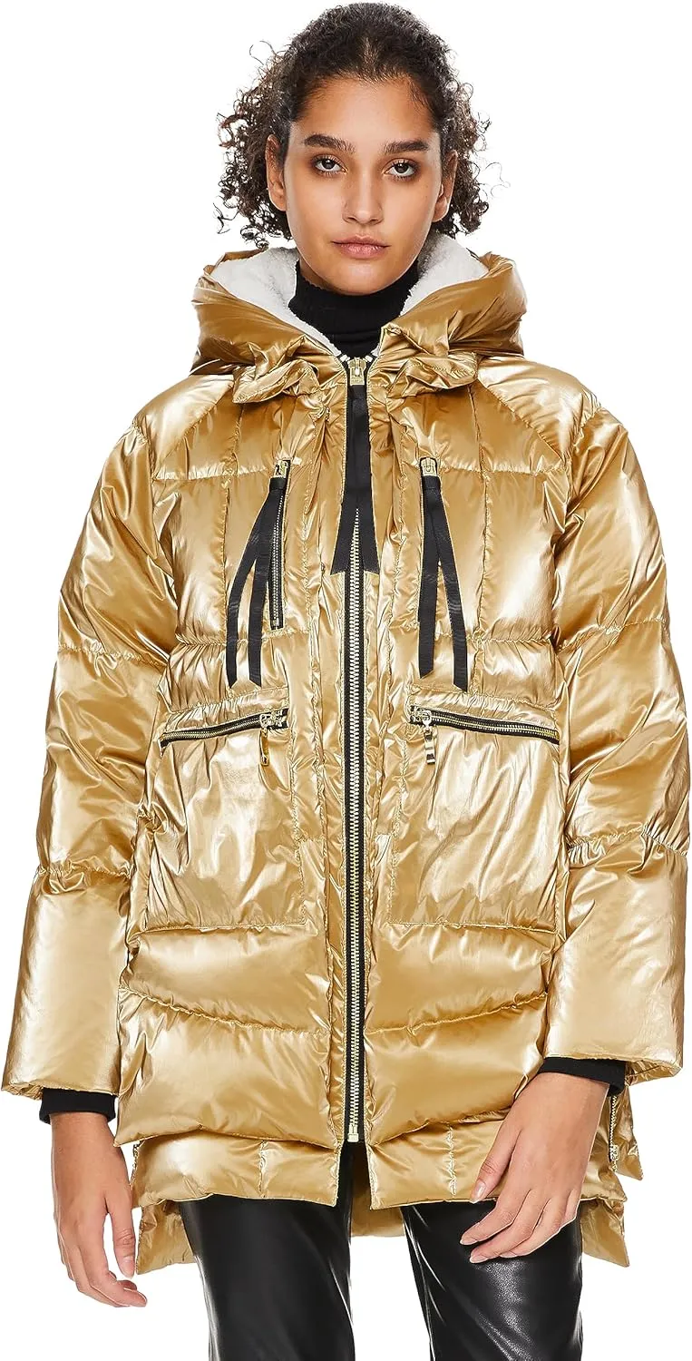 Orolay Women's Metallic Down Coat Mid-Length Puffer Jacket with Hood Long Sleeve Warm Outerwear
