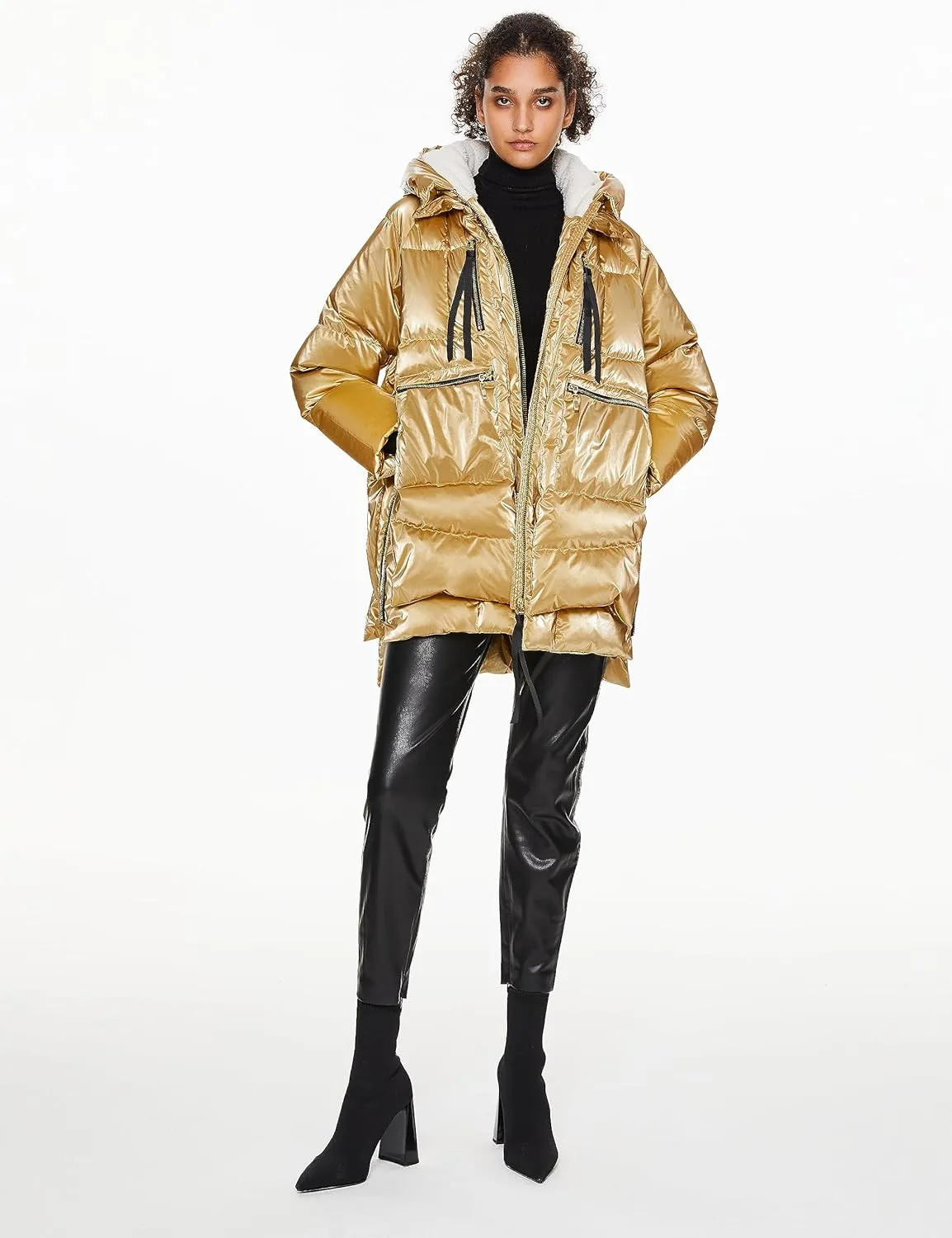 Orolay Women's Metallic Down Coat Mid-Length Puffer Jacket with Hood Long Sleeve Warm Outerwear