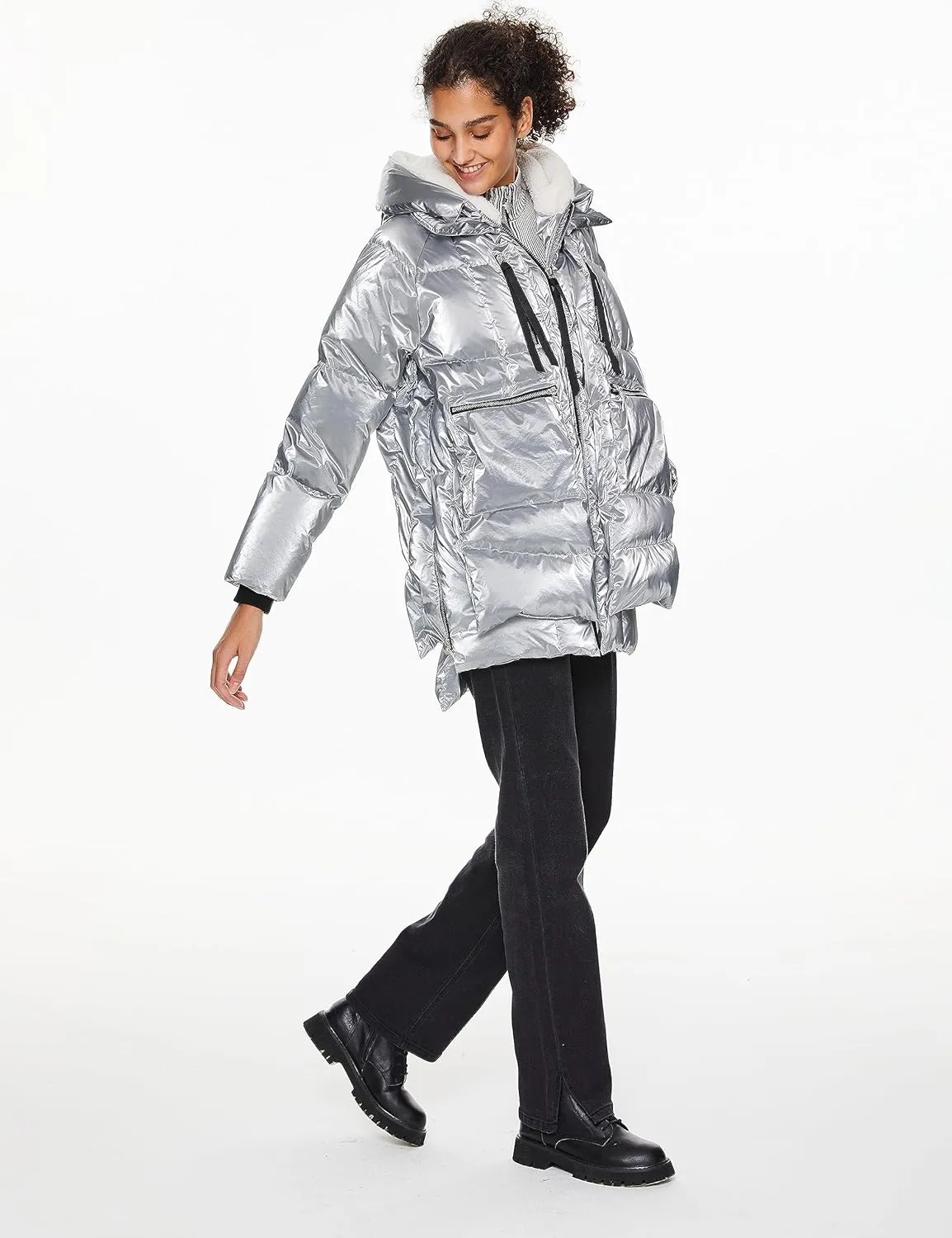 Orolay Women's Metallic Down Coat Mid-Length Puffer Jacket with Hood Long Sleeve Warm Outerwear