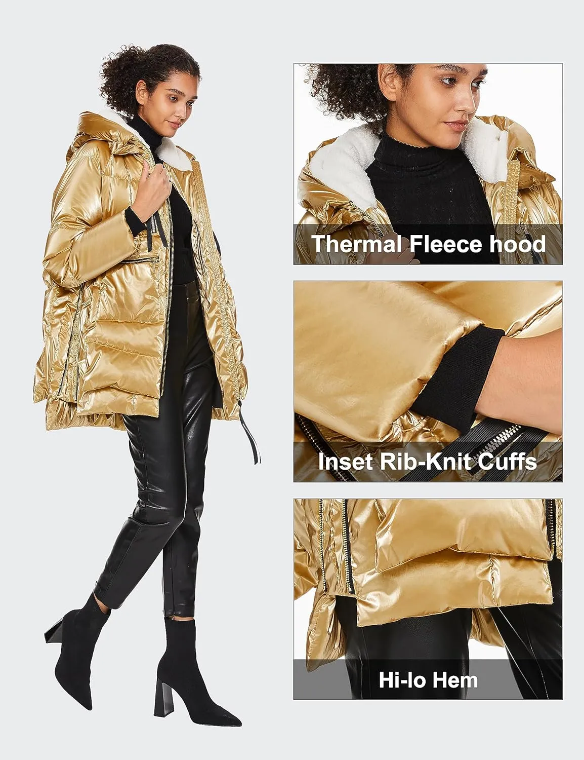 Orolay Women's Metallic Down Coat Mid-Length Puffer Jacket with Hood Long Sleeve Warm Outerwear
