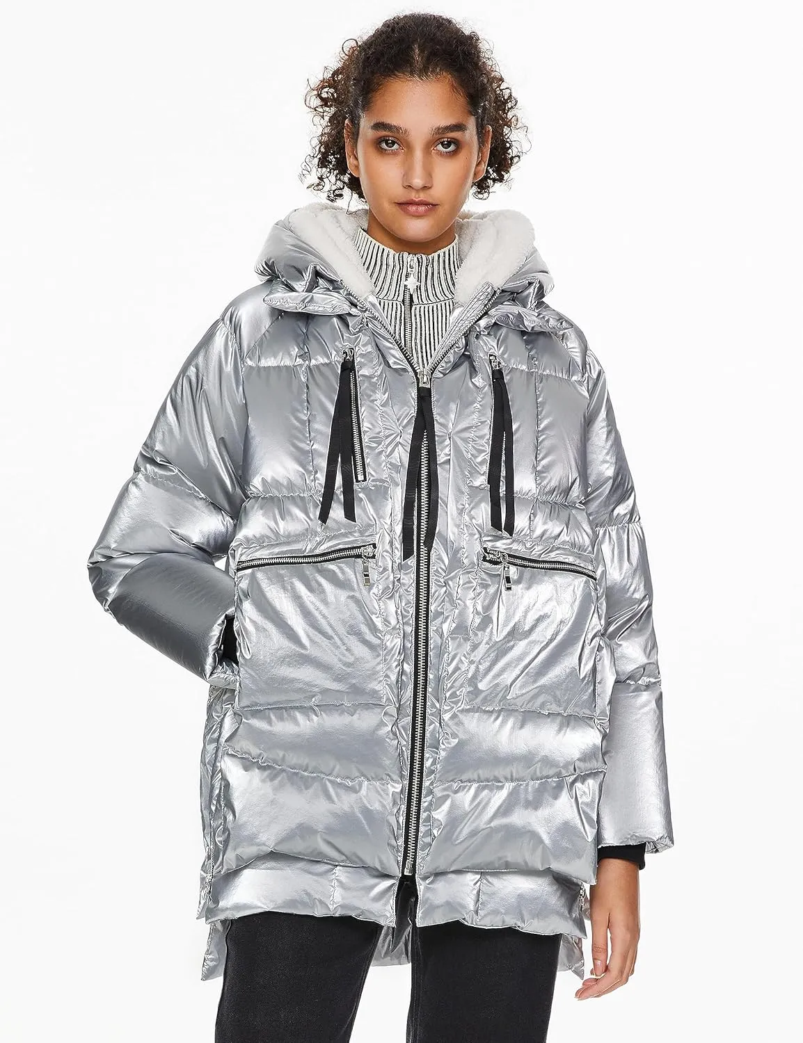 Orolay Women's Metallic Down Coat Mid-Length Puffer Jacket with Hood Long Sleeve Warm Outerwear