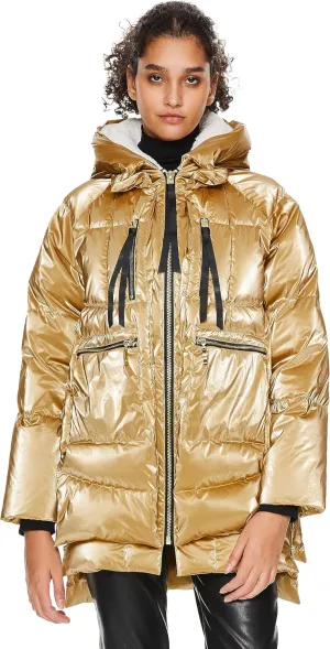 Orolay Women's Metallic Down Coat Mid-Length Puffer Jacket with Hood Long Sleeve Warm Outerwear