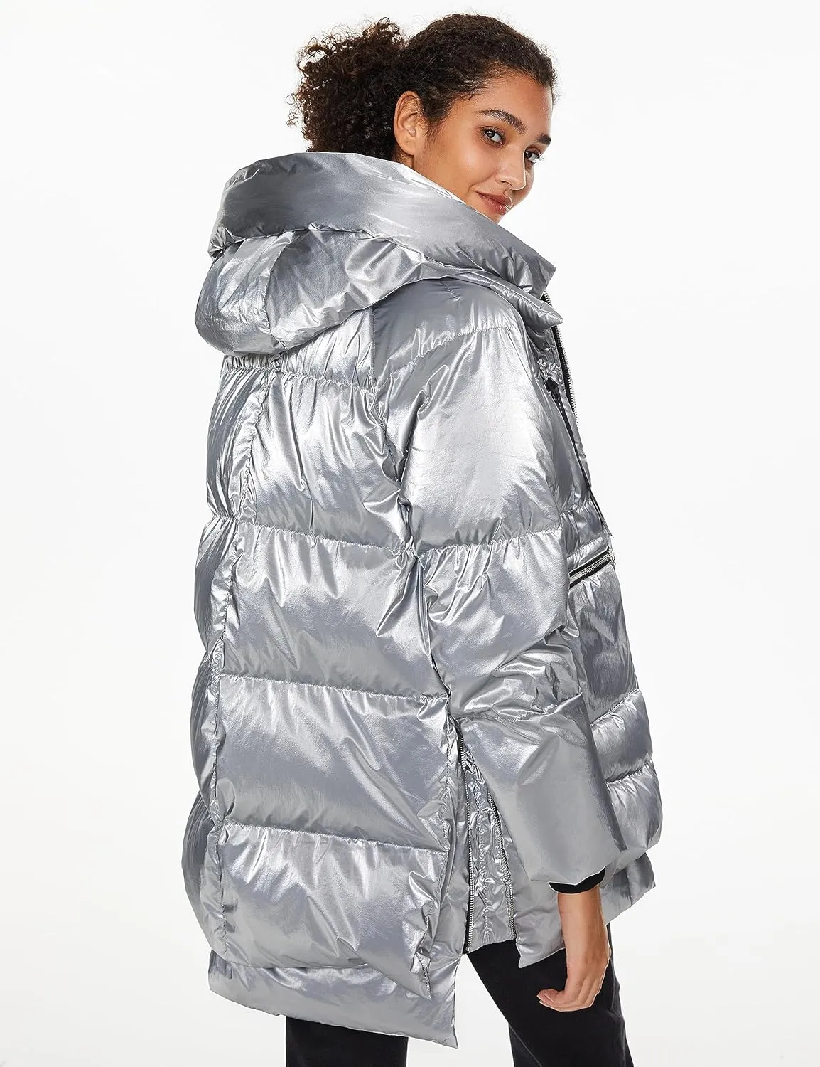 Orolay Women's Metallic Down Coat Mid-Length Puffer Jacket with Hood Long Sleeve Warm Outerwear