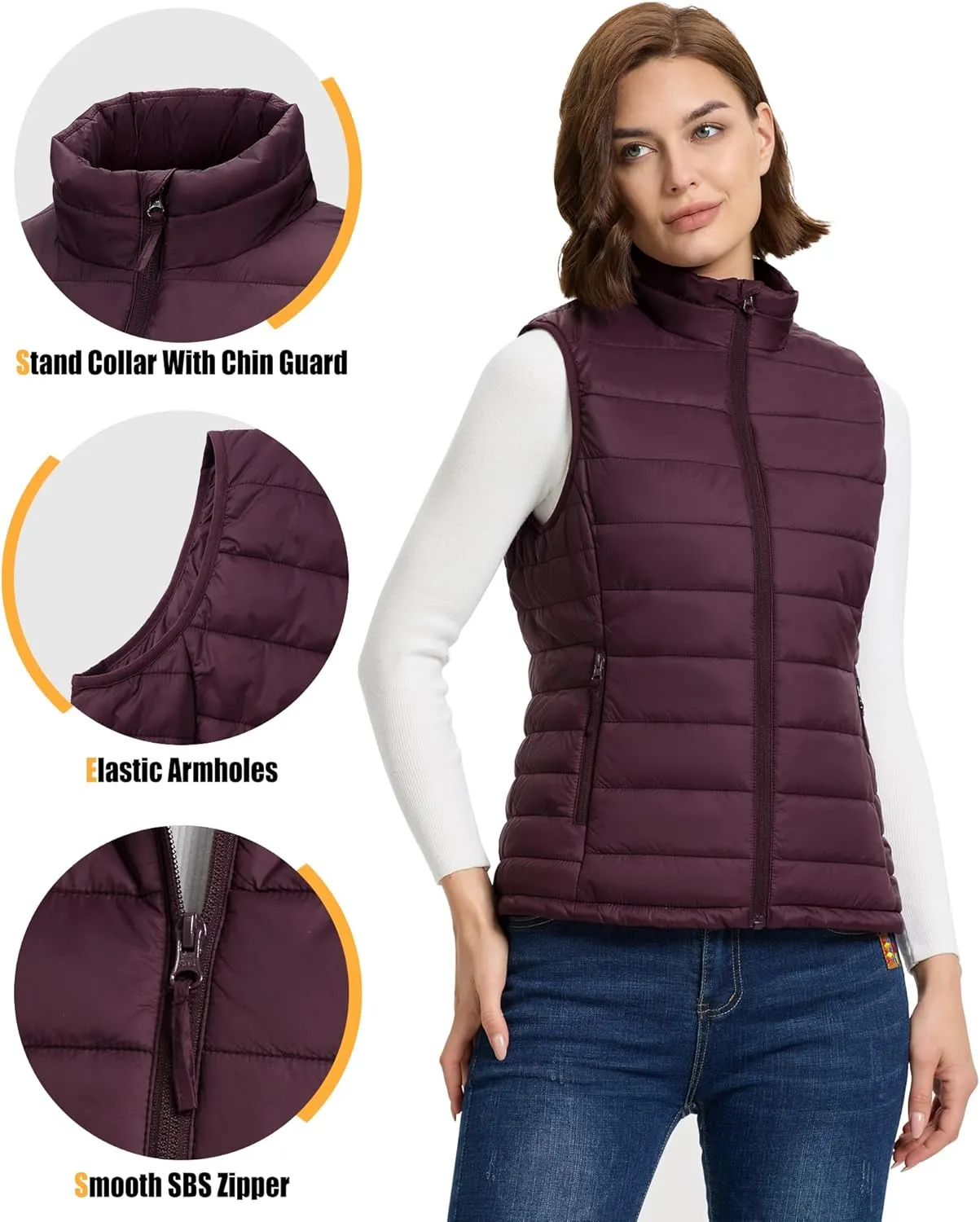 Outdoor Ventures Women's Lightweight Puffer Vest Outerwear Zip Up Warm Sleeveless Winter Jacket Padded Gilet Quilted Coat