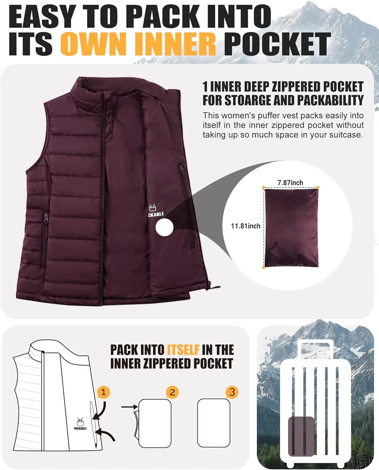 Outdoor Ventures Women's Lightweight Puffer Vest Outerwear Zip Up Warm Sleeveless Winter Jacket Padded Gilet Quilted Coat