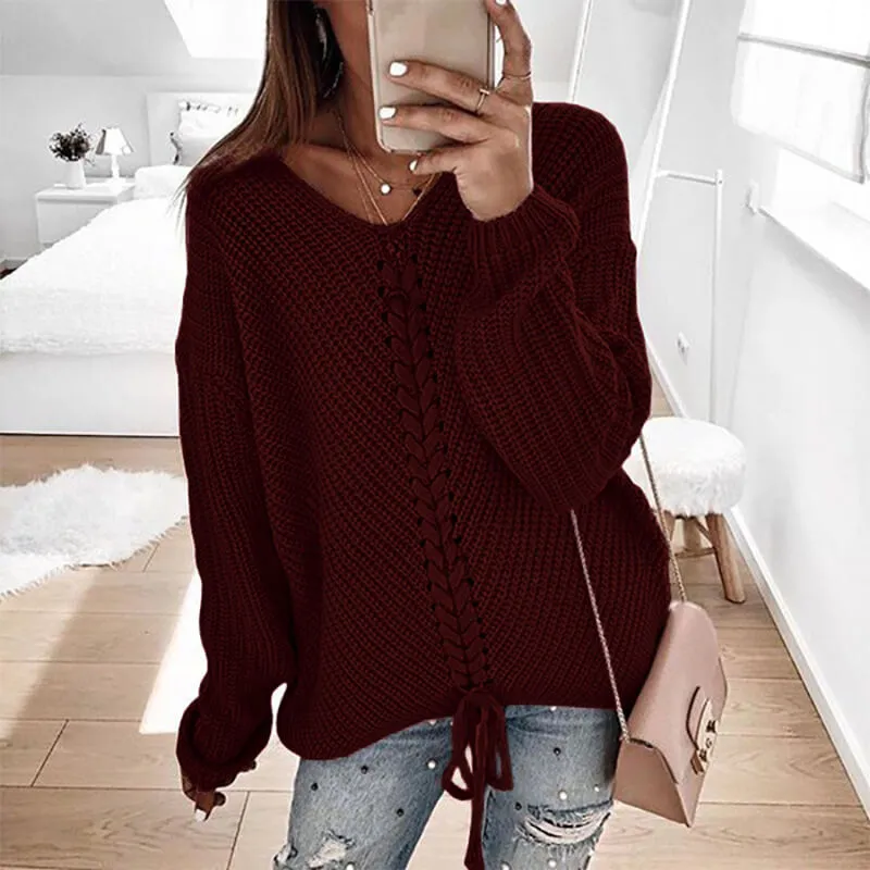 Oversized Lace-Up Dolman Sleeve Women Cozy Sweather