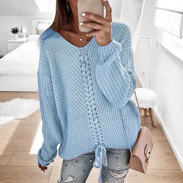 Oversized Lace-Up Dolman Sleeve Women Cozy Sweather