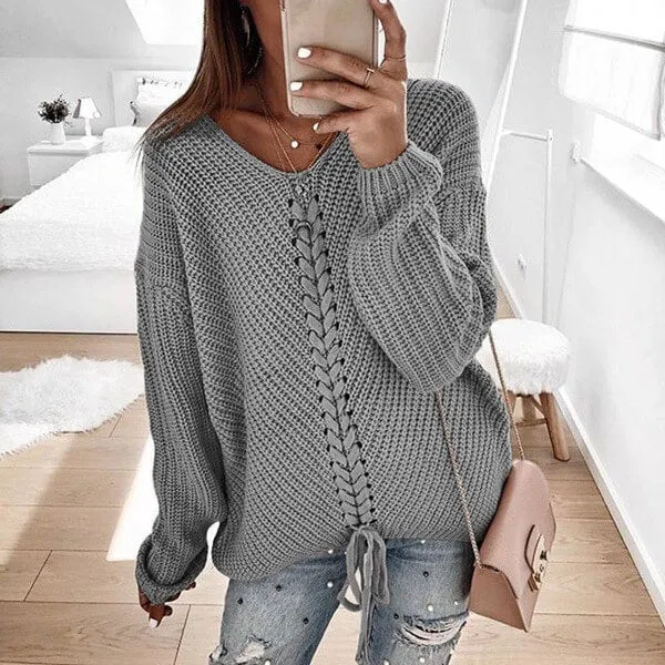 Oversized Lace-Up Dolman Sleeve Women Cozy Sweather