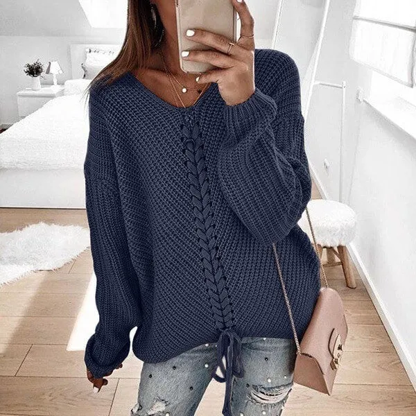 Oversized Lace-Up Dolman Sleeve Women Cozy Sweather
