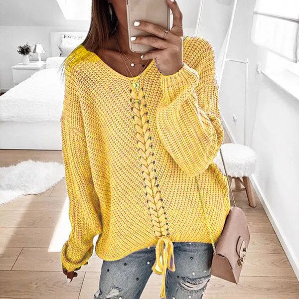 Oversized Lace-Up Dolman Sleeve Women Cozy Sweather