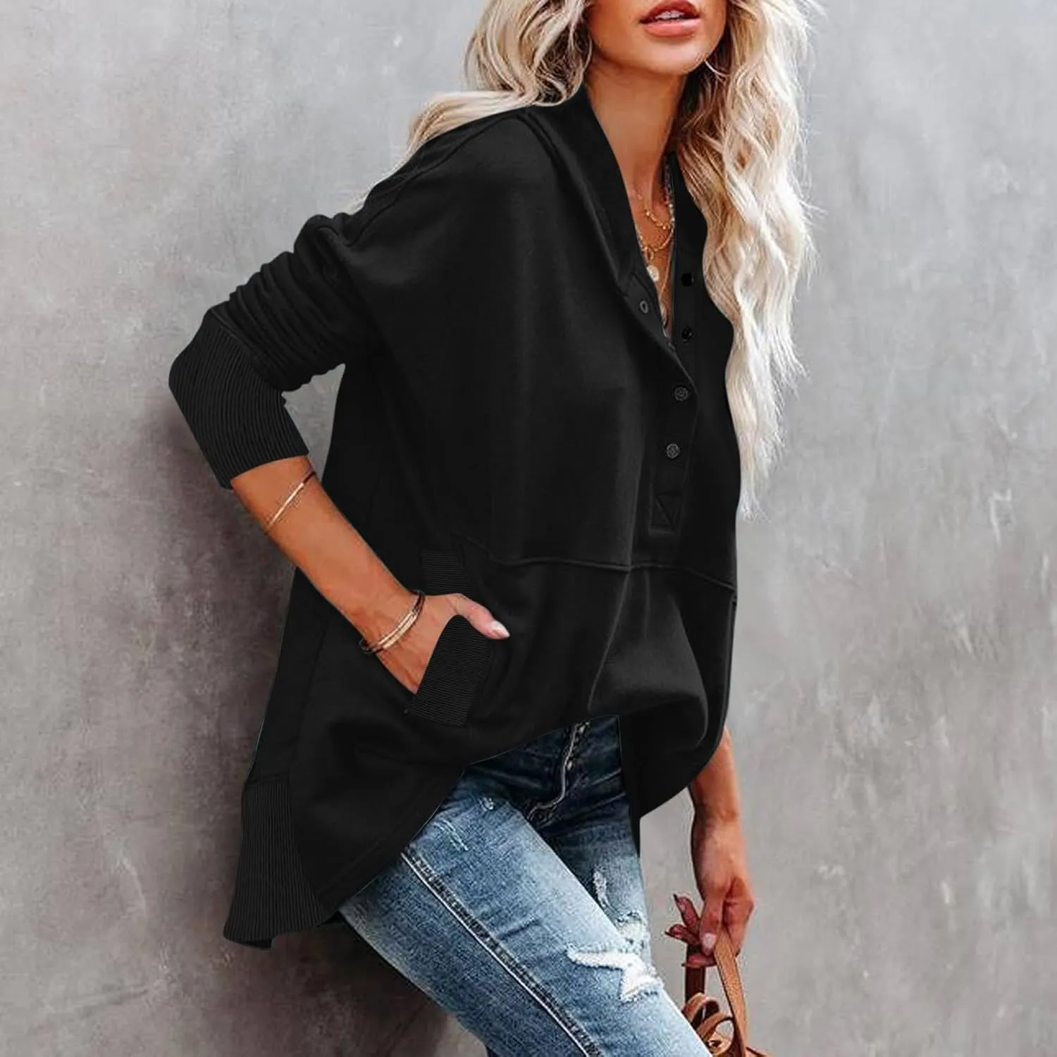 Oversized Sweatshirt for Women Casual Button V Neck Hoodies Hooded Tops with Pockets fall sweaters 2023
