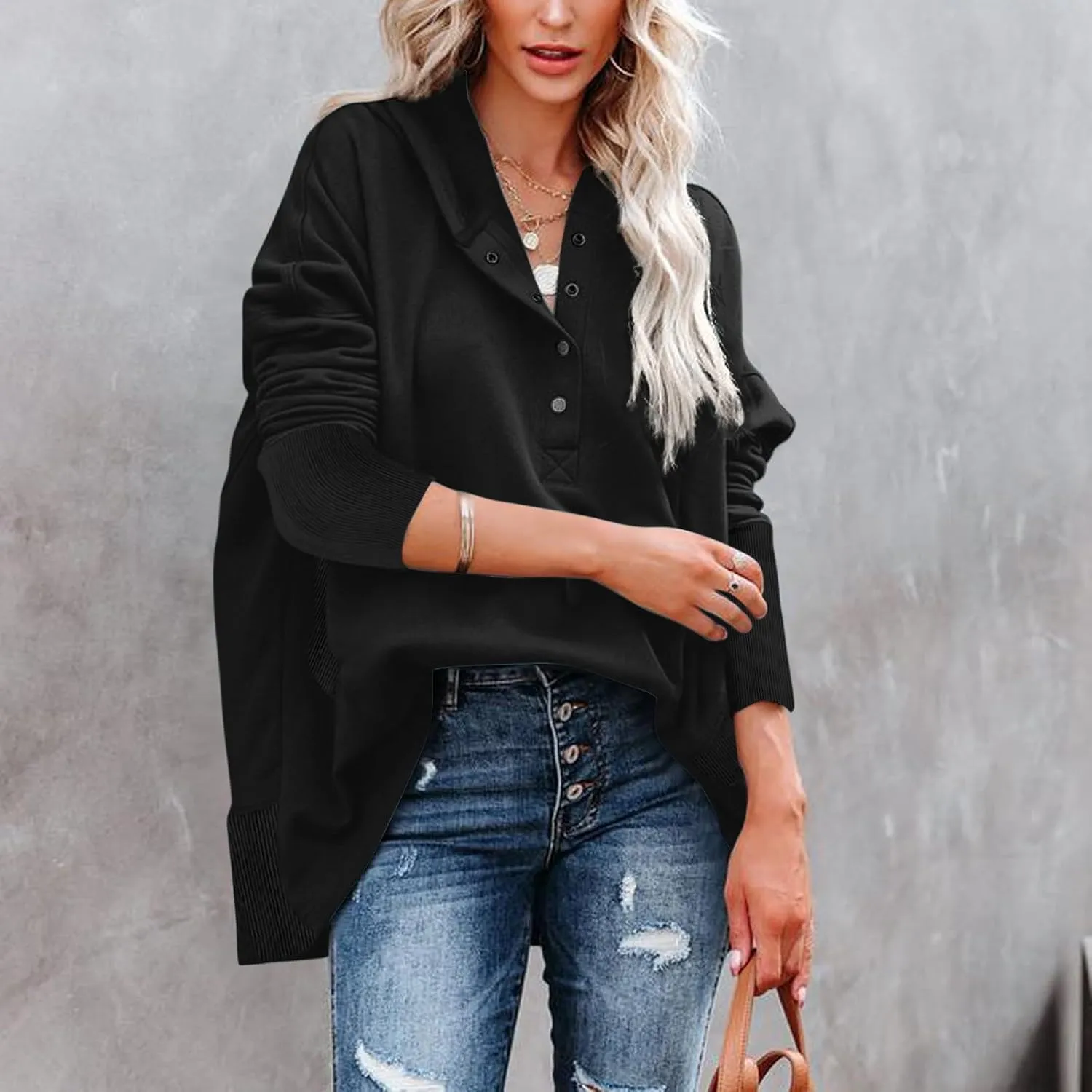 Oversized Sweatshirt for Women Casual Button V Neck Hoodies Hooded Tops with Pockets fall sweaters 2023