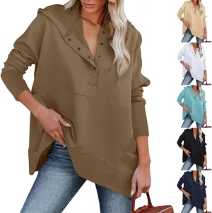 Oversized Sweatshirt for Women Casual Button V Neck Hoodies Hooded Tops with Pockets fall sweaters 2023