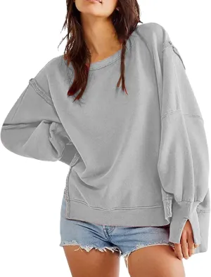 Oversized Sweatshirt for Women Side Slit Long Sleeve Pullover 2024 Fall Slouchy Fit Tops Y2K Preppy Solid Color Outfit