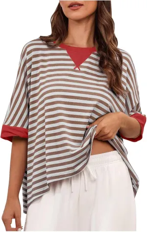 Oversized Tshirts for Women Crew Neck Striped Short Sleeve Blouses Casual Fashion Daily Womens Workout Tops