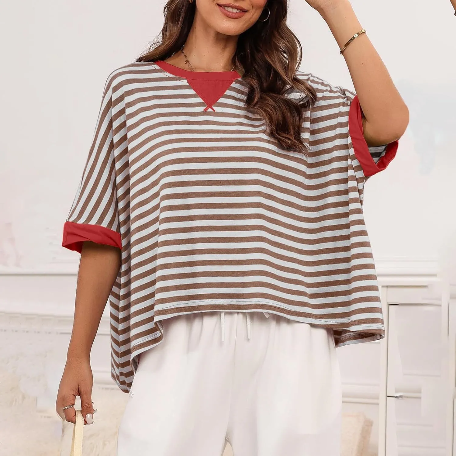 Oversized Tshirts for Women Crew Neck Striped Short Sleeve Blouses Casual Fashion Daily Womens Workout Tops
