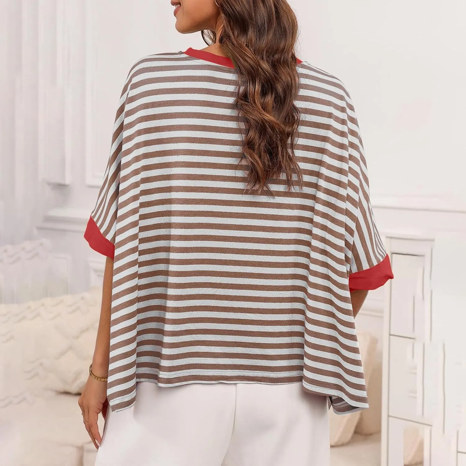Oversized Tshirts for Women Crew Neck Striped Short Sleeve Blouses Casual Fashion Daily Womens Workout Tops