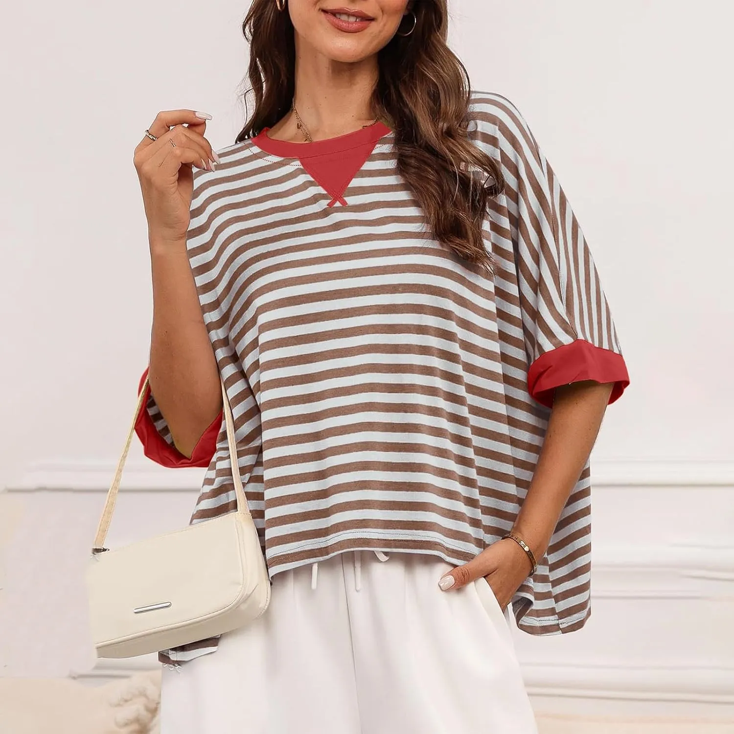Oversized Tshirts for Women Crew Neck Striped Short Sleeve Blouses Casual Fashion Daily Womens Workout Tops