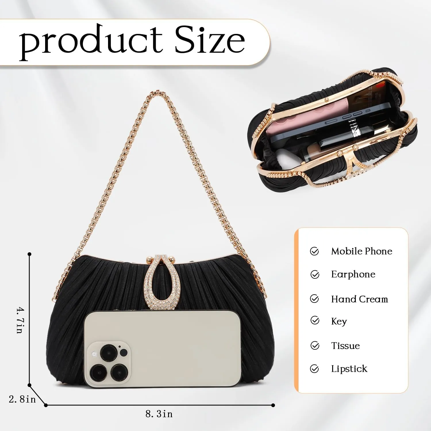 Oweisong Black Clutch Purses for Women Formal Gold Evening Bag Satin Dress Handbag for Wedding Party