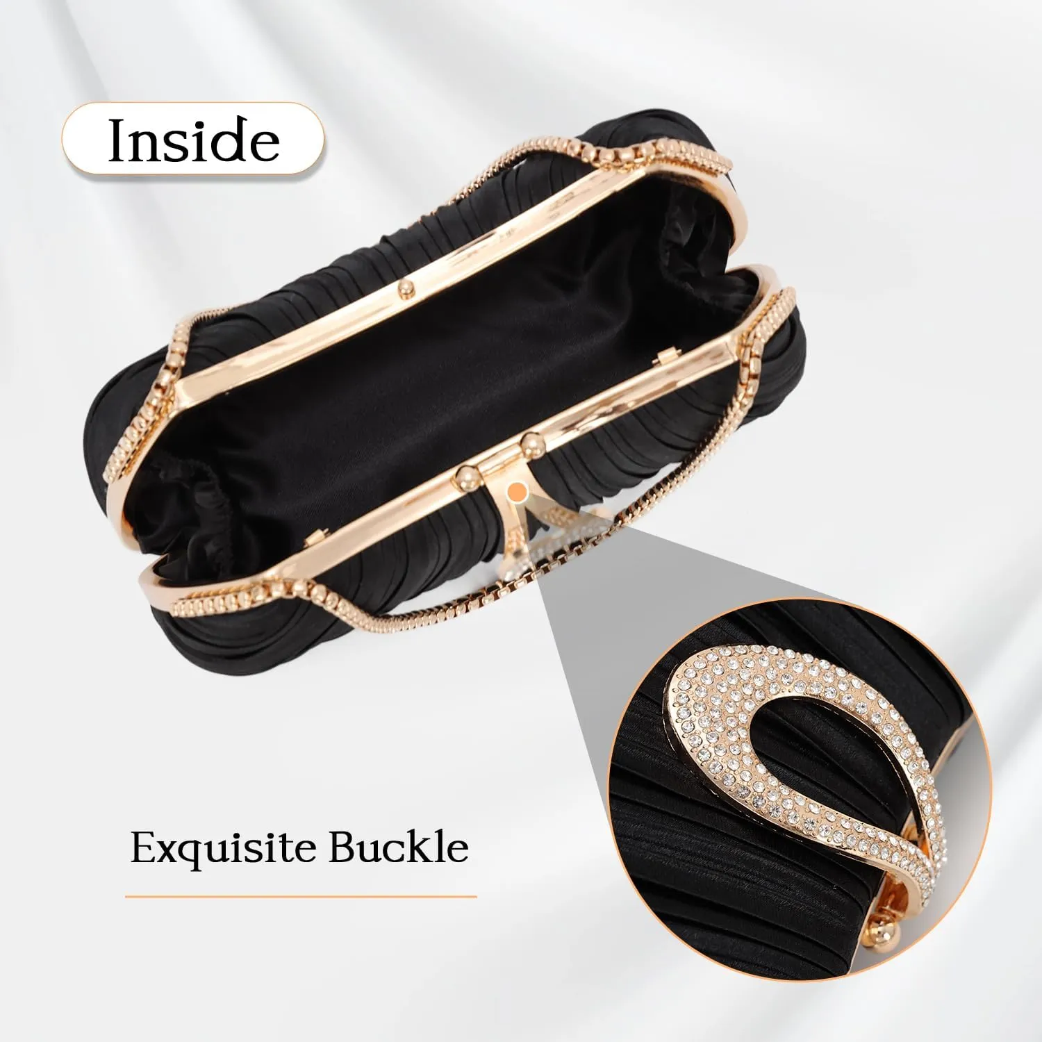 Oweisong Black Clutch Purses for Women Formal Gold Evening Bag Satin Dress Handbag for Wedding Party