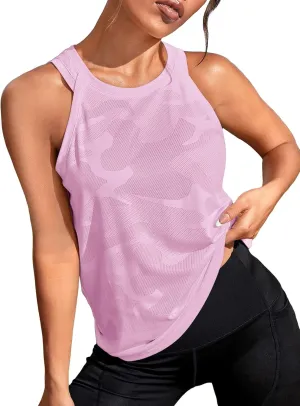 OYOANGLE Women's Camo Print Sleeveless Workout Shirts Exercise Running Tank Tops Active Gym Tops