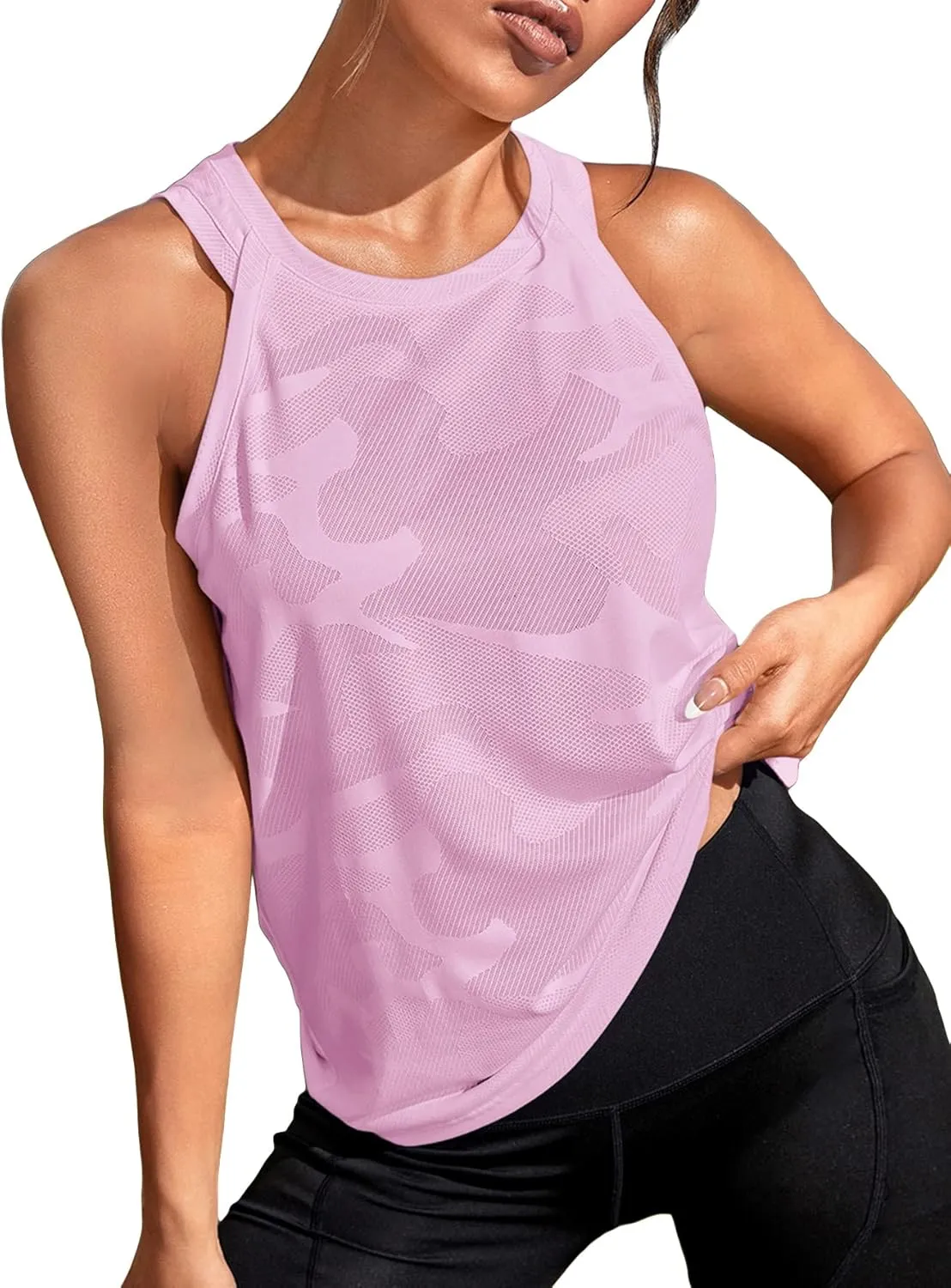 OYOANGLE Women's Camo Print Sleeveless Workout Shirts Exercise Running Tank Tops Active Gym Tops