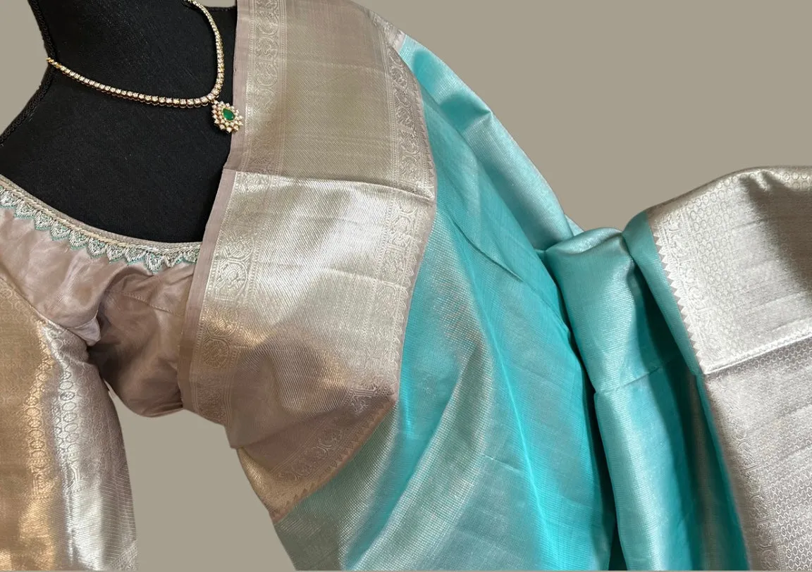 Pastel Blue Kanjivaram pattu saree Handwoven silk saree with stitched  blouse Hand embroidered blouse