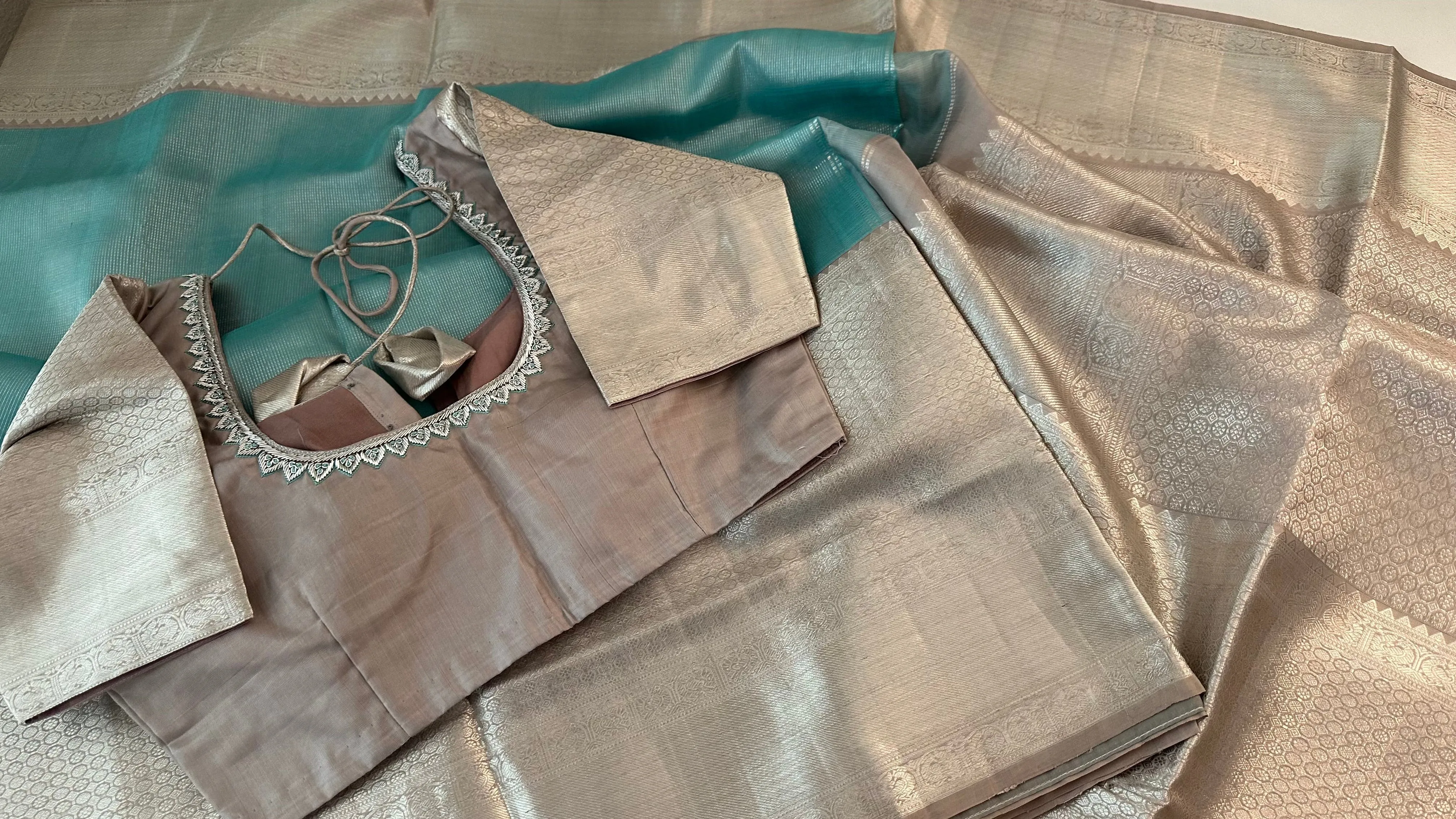 Pastel Blue Kanjivaram pattu saree Handwoven silk saree with stitched  blouse Hand embroidered blouse