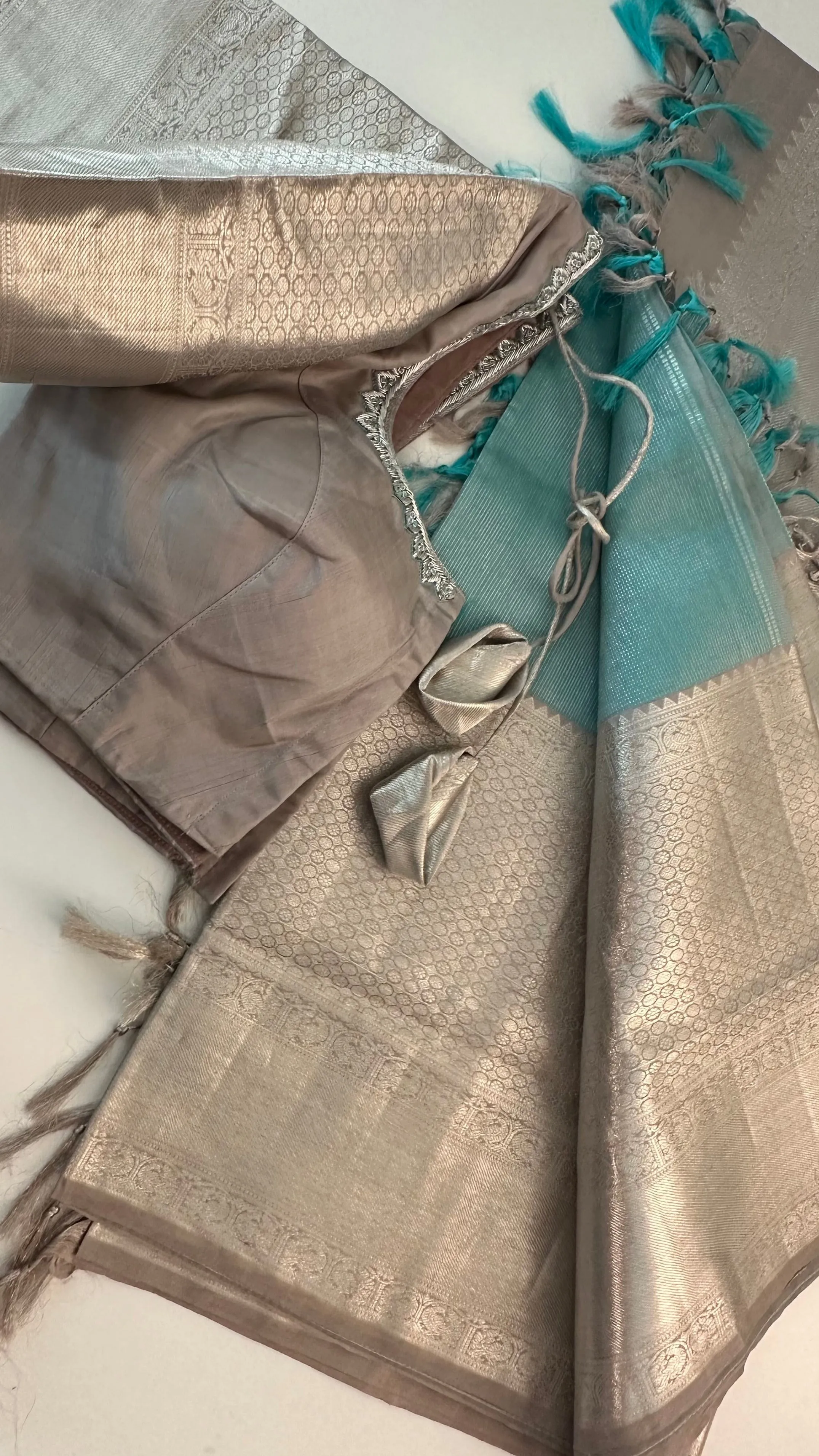 Pastel Blue Kanjivaram pattu saree Handwoven silk saree with stitched  blouse Hand embroidered blouse