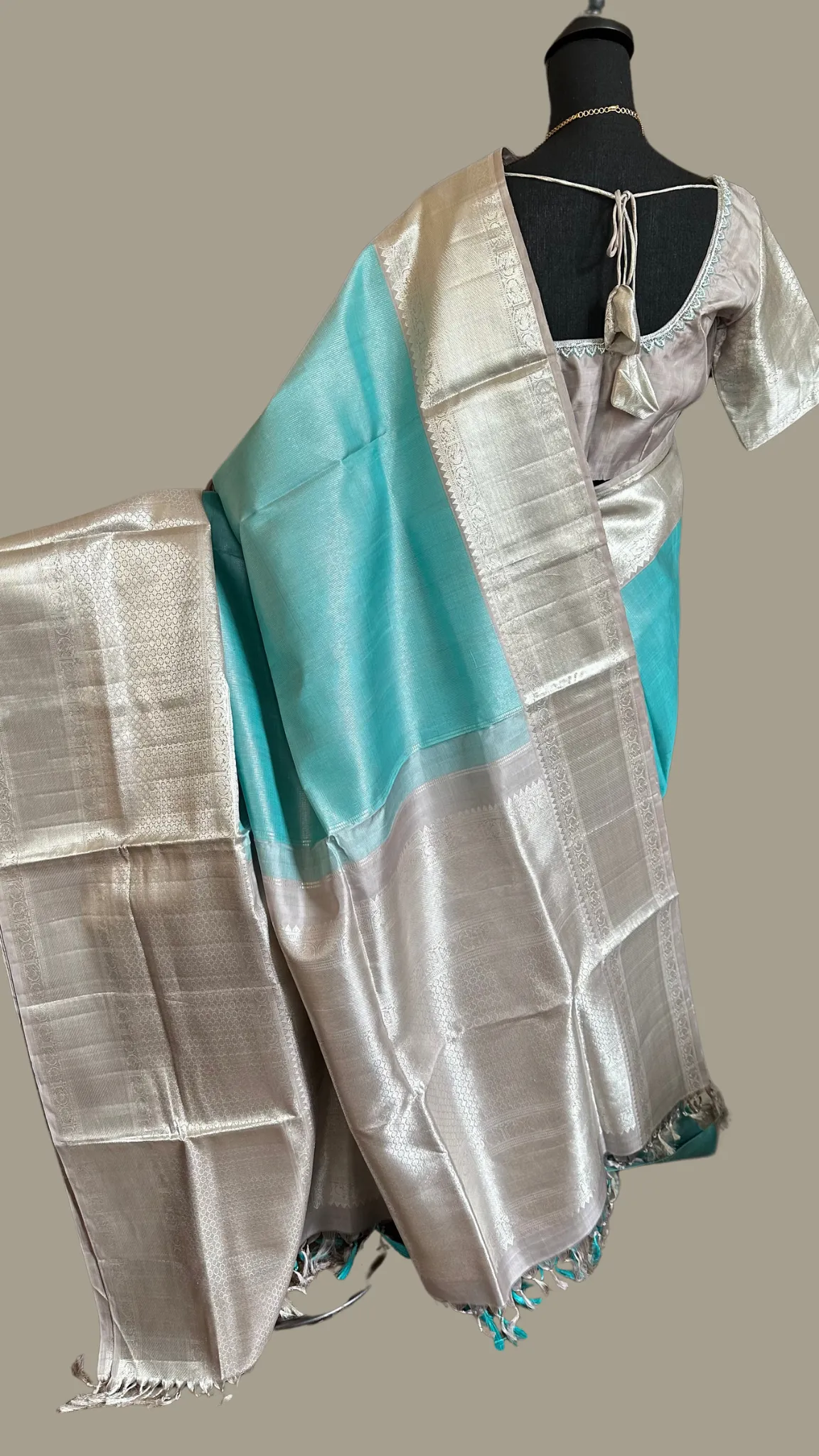 Pastel Blue Kanjivaram pattu saree Handwoven silk saree with stitched  blouse Hand embroidered blouse