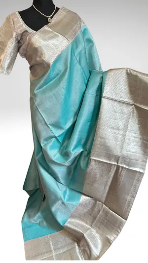Pastel Blue Kanjivaram pattu saree Handwoven silk saree with stitched  blouse Hand embroidered blouse