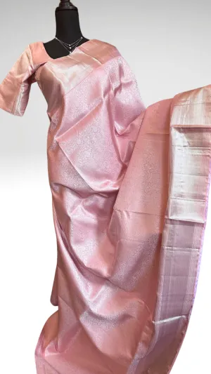Pastel Pink Brocade kanjivaram silver zari with stitched blouse.
