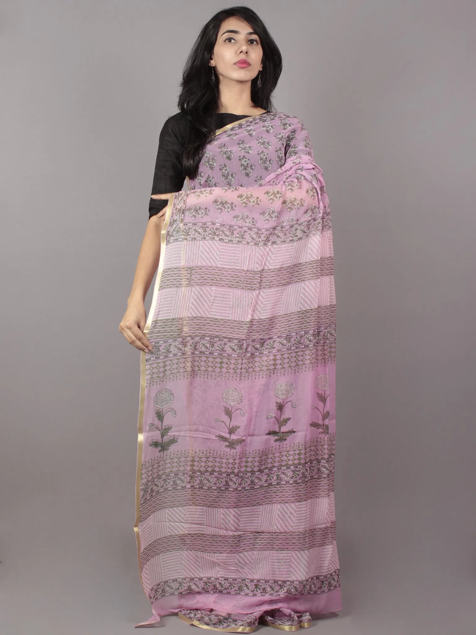 Pastel Purple Ivory Green Hand Block Printed Chiffon Saree - S031701683