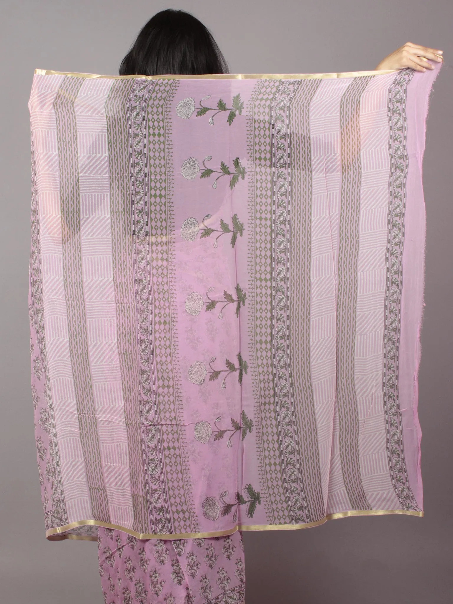 Pastel Purple Ivory Green Hand Block Printed Chiffon Saree - S031701683