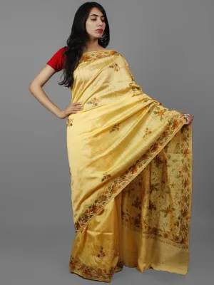 Pastel Yellow Brown Green Aari Embroidered Bhagalpuri Silk Saree From Kashmir  - S031702151