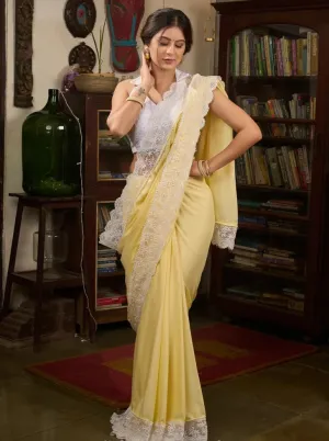 PASTEL YELLOW MODAL COTTON SAREE WITH LACES