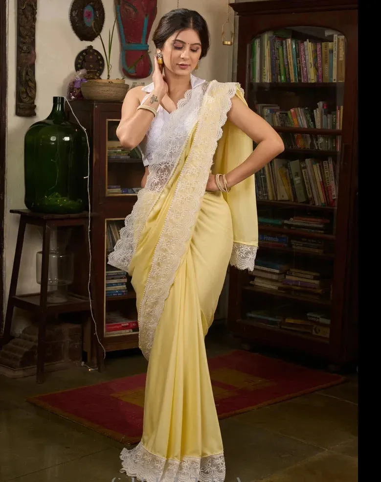 PASTEL YELLOW MODAL COTTON SAREE WITH LACES