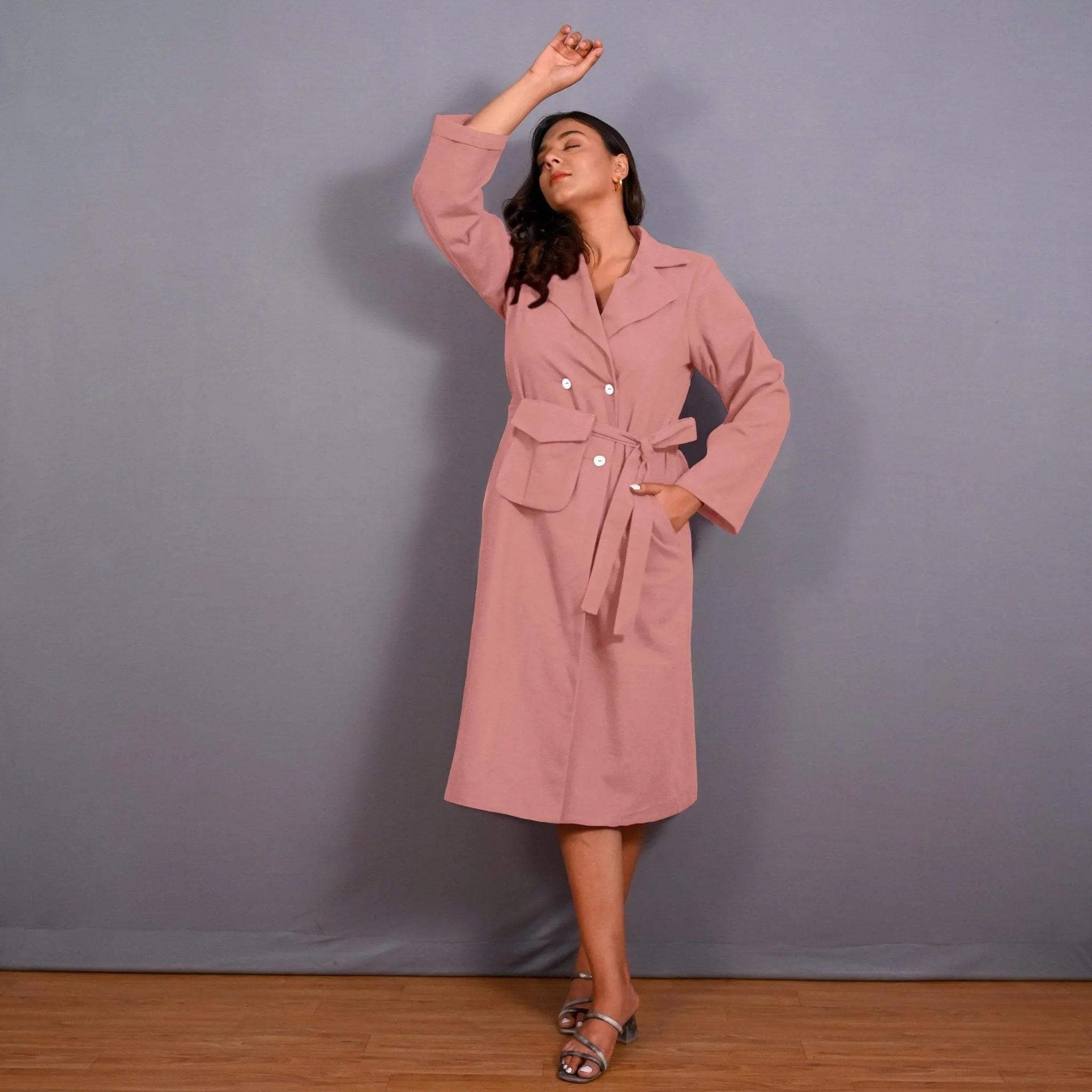 Pink Warm Cotton Flannel Midi Blazer Dress
