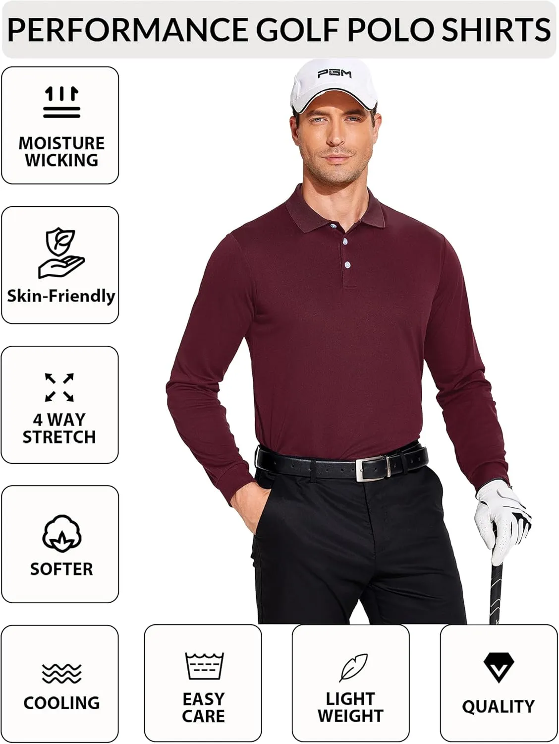 PINSPARK Long Sleeve Polo Shirts for Men Moisture Wicking Golf Shirts Quick Dry Work Hiking Casual Collared Shirt