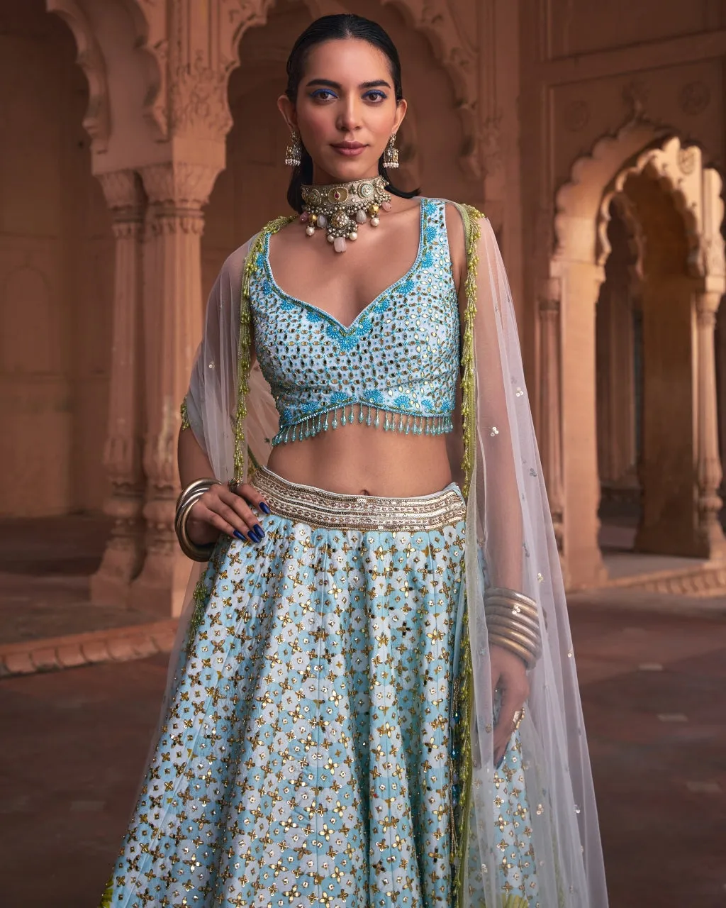 Powder Blue Floral Print and Embroidered Lehenga Set