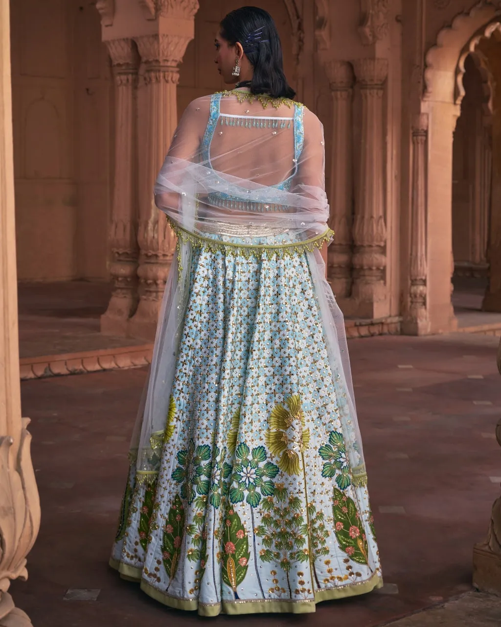 Powder Blue Floral Print and Embroidered Lehenga Set