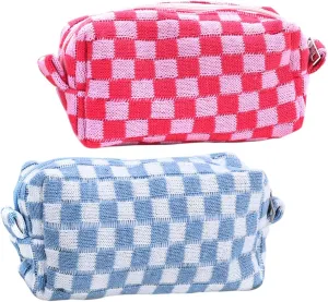 Preppy Makeup Bag Small Checkered Cosmetic Bag Makeup Pouch Toiletry Pouch Set for Purse Aesthetic Pink Blue Checkered Large Capacity Travel College Supplies Cosmetic Organizer Make Up Bag
