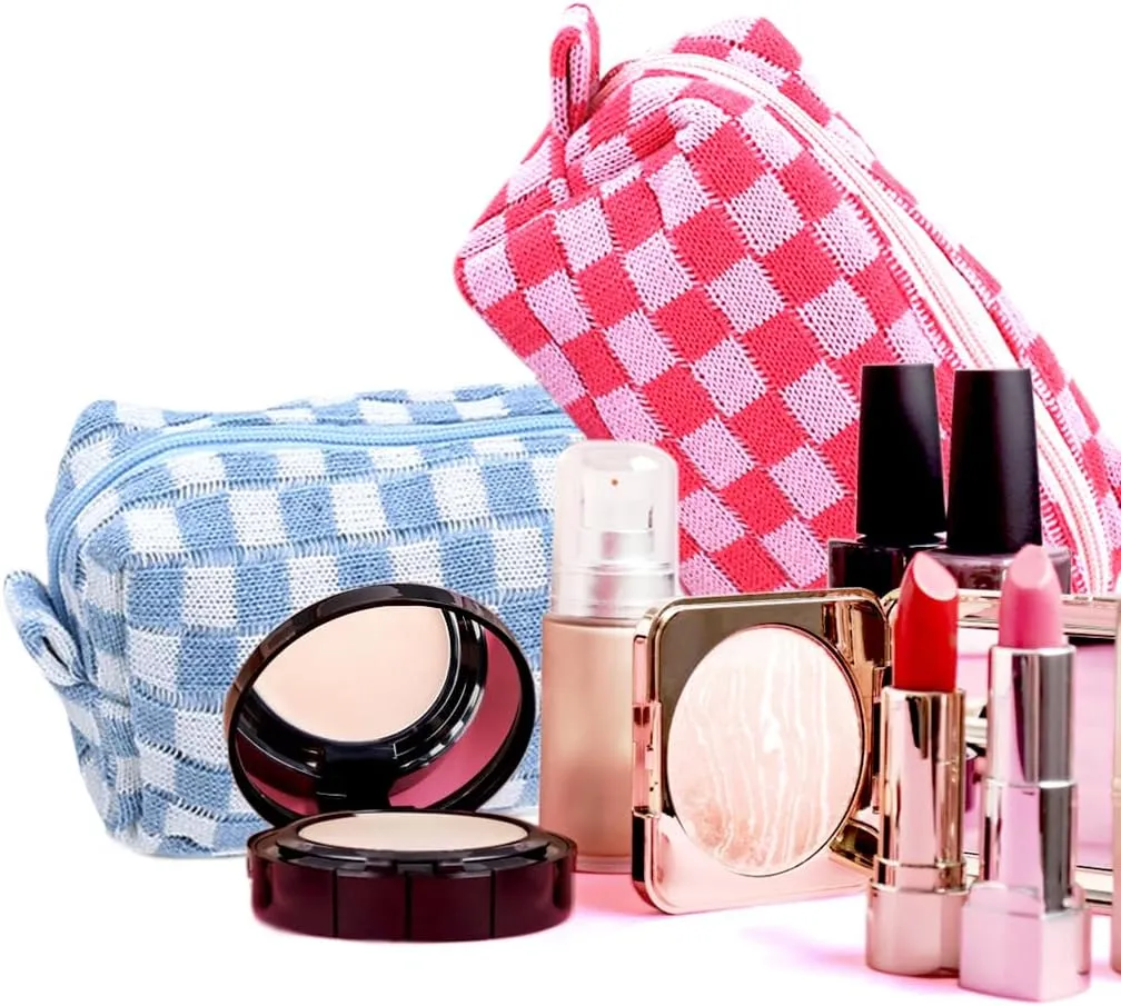 Preppy Makeup Bag Small Checkered Cosmetic Bag Makeup Pouch Toiletry Pouch Set for Purse Aesthetic Pink Blue Checkered Large Capacity Travel College Supplies Cosmetic Organizer Make Up Bag